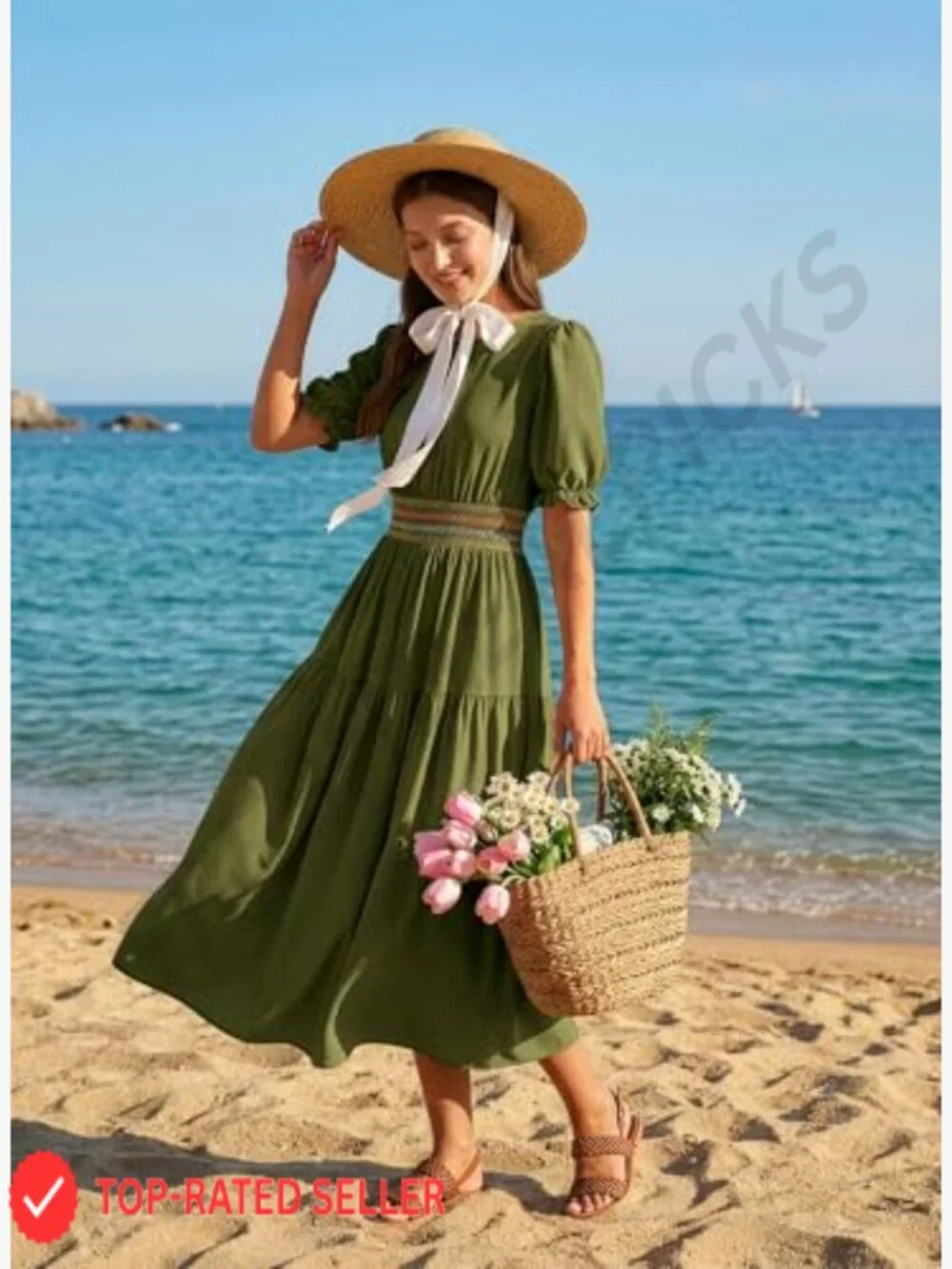 Women's Short Sleeve Smocked Maxi Dress Casual Elastic Waist Boho Tiered Ruffle - Picture 3 of 6